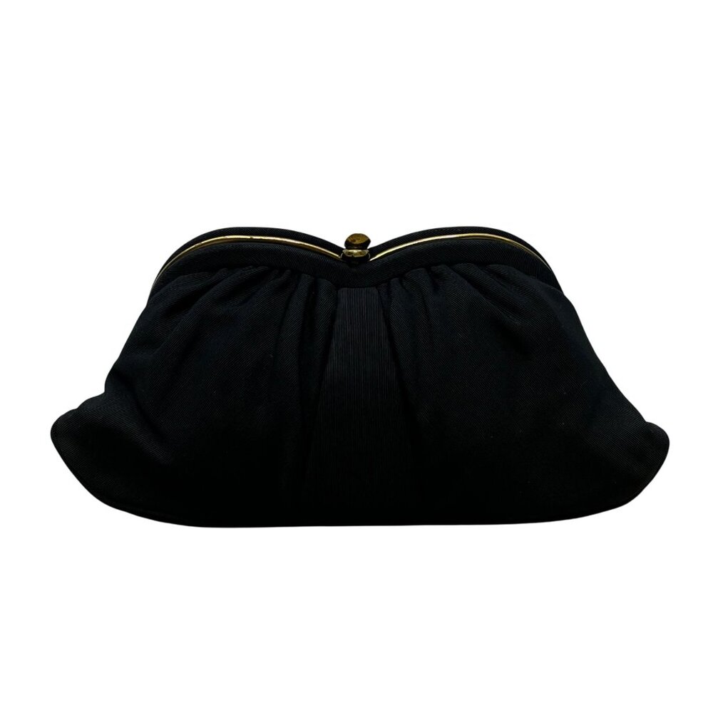 Vintage L And M Women’s Black Satin With Gold Frame & Pouch Evening Clutch